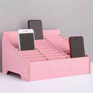 👉 Mobiele telefoon roze houten active multi-cell filmstandaard desktop display rack, 30 roosters, afmetingen: 31.5x23.5x18.5cm (roze)