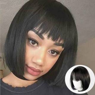 👉 Pruik zwart active vrouwen Neat Bang Bobo Kort steil haar Chemisch vezelhaar hoofddeksel voor dames (zwart)