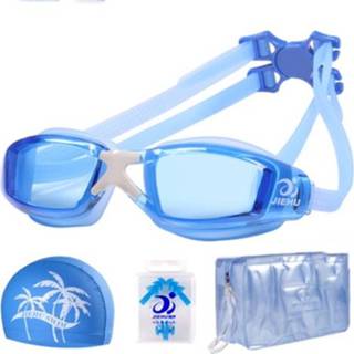 👉 Anti-condens transparant blauw groot active JIEHU 8008 4-in-1 HD Anticondens Waterdicht Frame Zwembril Badmuts Set (Transparant Blauw)