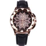 Lederen band zwart active MOK Casual lotus patroon wijzerplaat quartz horloge (zwart)