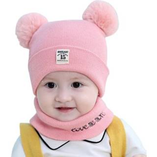 👉 Oorwarmers roze active kinderen 0-12 maanden herfst en winter gebreide wollen muts + letter sjaal set, maat: 38-46cm (roze)