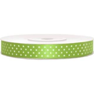 👉 Active witte groen 1x Hobby/decoratie appel satijnen sierlinten met stippen 1,2 cm/12 mm x 25 meter