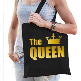 👉 Katoenen tas zwart gouden katoen The queen met tekst en kroon - tasje 8720147771350