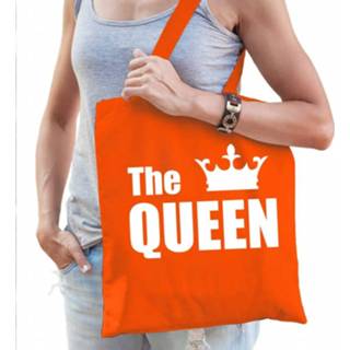 👉 Katoenen tas oranje witte katoen The queen met tekst en kroon - 8720147772647