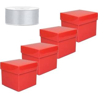 👉 Set van 4 vierkante cadeau doosjes rood 10 x cm en 1 rol kadolint 8720147774122