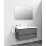 👉 Onderkastje antraciet acryl MDF gentegreerd Sub Online onderkast met wastafel 2 kraangaten spiegel geintegreerde LED verlichting 100x55x46cm, mat