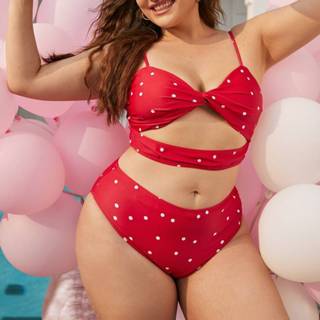 👉 Bikini polyester rood Schattig Stippen Grote maat set Uitgeknipt