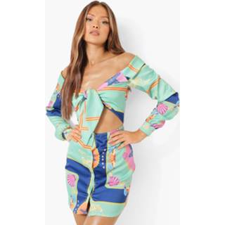 👉 Sjaal Print Blouse Jurk Met Uitgesneden Hals En Uitsnijding, Green