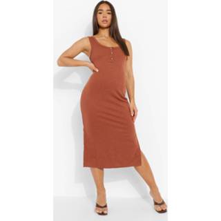 👉 Geribbelde Midi Jurk Met Zijsplit, Tan