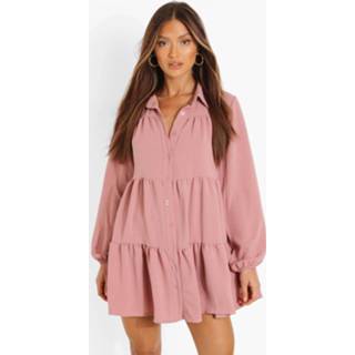 👉 Blousejurk rose Gesmokte Blouse Jurk Met Laagjes,