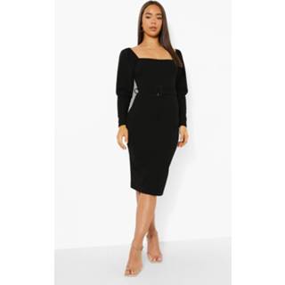 👉 Midi Jurk Met Vierkante Hals, Pofmouwen En Ceintuur, Black