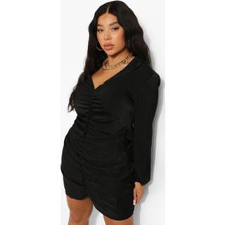 👉 Plus Satijnen Blouse Jurk Met Ruches, Black