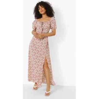 👉 Petite Bloemen Maxi Jurk Met Pofmouwen En Split, White