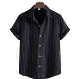 👉 Overhemd linnen zwart mannen Werk Gestreept voor man Voorpand met Knoopjes