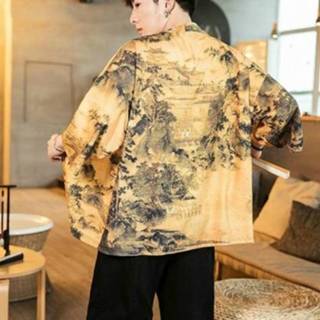 👉 Mantel geel XXXL active mannen Kimono Cardigan Feather Geweven Dunne Robe Hanfu, Maat: (Landschap Geel)