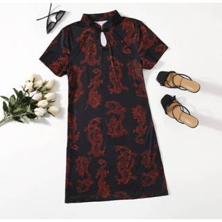 👉 Jurk polyester zwart Elegant Dieren Grote maat Zijsplit