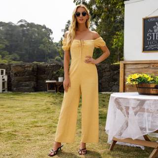 👉 Jumpsuit polyester geel Boho Gevlochten Ruches