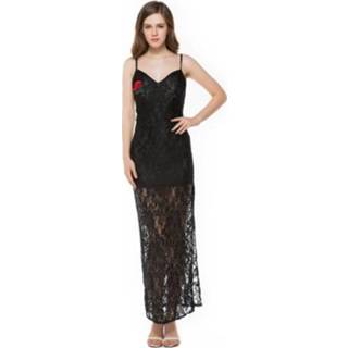 👉 Jurk zwart rose m active V-hals Sling Embroidery Backless Lace Split (Kleur: Maat: M)