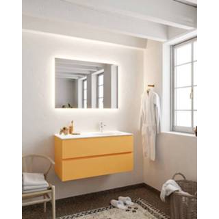 👉 Badmeubel Mondiaz Vica 100cm ocher 2 lades wastafel Moon rechts met 1 kraangat 6011440338367