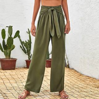 👉 Broek viscose leger groen Boho Vlak Broeken Knoop Vooraan