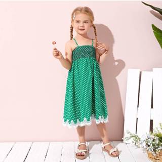 👉 Jurk katoen groen peuters Boho Stippen Kleutermeisje Contract kant