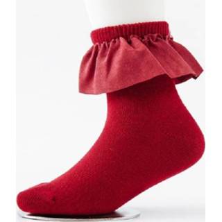 👉 Sokken rode s active meisjes Lente en herfst fleece grote kanten korte katoenen prinses sokken, maat: (rode wijn)