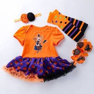 👉 Rompertje 59 active baby's Halloween Baby Korte mouwen Cartoon Print Romper Jurk Mesh Tutu Rok (Kleur: Pompoen Heks Maat: 59)