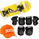 👉 Skateboard geel m kinderen set voor 6-8 jaar/valbescherming/skater pet/skateboard met print 43 cm