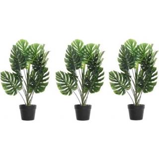 👉 Kunst plant active zwarte groene 3x Monstera gatenplant kunstplanten 80 cm met pot