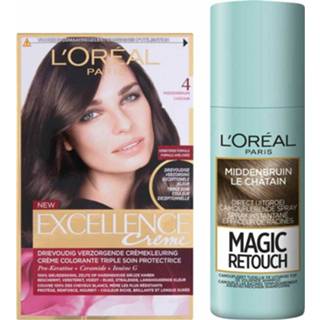 👉 Haarkleuring bruin active L'Oréal Excellence Creme Haarverf 4 Middenbruin + Magic Retouch Uitgroeispray 75 ml Pakket 7434941325350