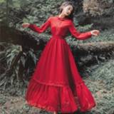 👉 Chiffonjurk rood l active Retro chiffon jurk grote zoom effen kleur longuette (kleur: maat: L)