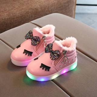 👉 Schoenen kristal katoen 32 active kinderen baby's meisjes roze Kinderschoenen baby wimper strik LED lichtgevende laarzen sneakers, maat: (roze met katoen)