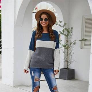 👉 Gebreide trui blauw m active Gestreepte losse Waichuan Lazy Wind (Kleur: Maat: M)