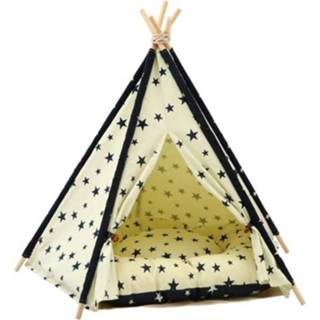 👉 Hondenbed beige canvas medium active Katoenen huisdierentent katten- en met kussen, specificatie: 50× 50 × 60 cm (Beige Navy Star)