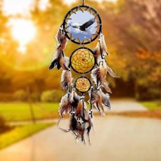 👉 Olieverf medium beige active MS8040C Eagle Totem Dream Catcher Woninginrichting Wind Chime Ornament Drie Ring Feather Auto (Beige)