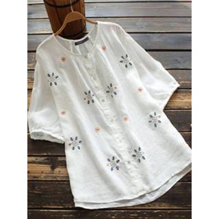 👉 Blous cotton s vrouwen wit Floral Embroidery Button Loose Blouse