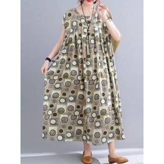 👉 Dress cotton s vrouwen geel Geometry Print Pleated Loose