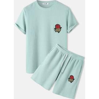 👉 Short sleeve rose polyester blauw s male Mens Embroidery Patched Knitted T-Shirt & Shorts Casual Co-ords