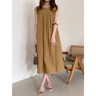 👉 Sleeveless cotton s vrouwen marine Solid Pleated Pocket Dress