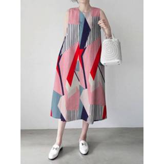 👉 Dress cotton m vrouwen roze Geometry Stripe Pocket Print