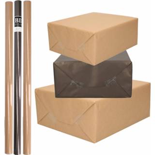 👉 Inpakpapier bruin zwart 10x Rollen kraft inpakpapier/kaftpapier pakket bruin/zwart 200 x 70 cm