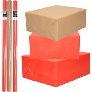 👉 Inpakpapier bruin 8x Rollen kraft inpakpapier/kaftpapier pakket bruin/rood 200 x 70 cm