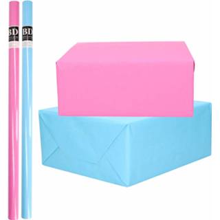 👉 Inpakpapier roze blauw 4x Rollen kraft pakket en babyshower/geboorte/gender reveal 200 x 70 cm