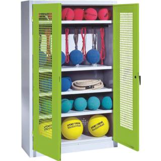 Unisize grijs plaatstaal Sportmateriaalkast, hxbxd 195x120x50 cm, met vleugeldeuren van geperforeerde plaat (type 2), Viridiaangroen (RDS 110 80 60), Lichtgrijs (RAL 7035)