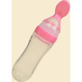 👉 Babyvoeding roze silicone baby's peuters 90ML veilige pasgeboren baby voeding fles peuter squeeze melk graan met harde lepel (roze) 8212099163487