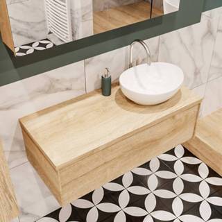 👉 Badmeubel melamine washed oak mat MONDIAZ LUSH 100cm 1 lades wastafel BARCO rechts kraangat A40111WOA1BARCO 6011446131115