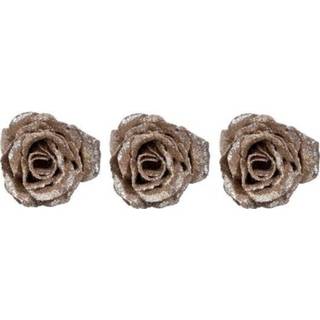 👉 Kerstversiering 3x Champagne roos met glitters op clip 7 cm -