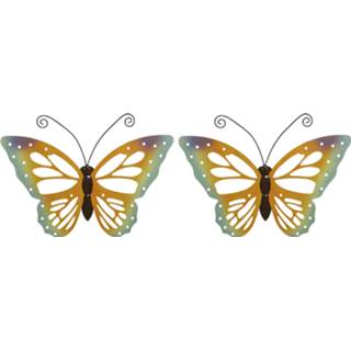 👉 Oranje gele Set van 3x stuks grote oranje/gele vlinders/muurvlinders 51 x 38 cm tuindecoratie