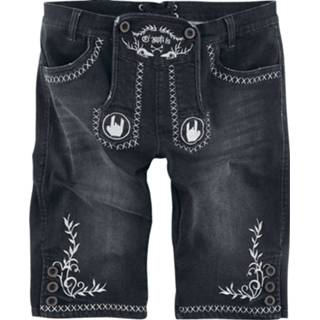 👉 Korte broek zwart mannen EMP Special Collection - Black Lederhosen-Style Shorts with Embroidered Rockhands and Decoration 4064854201811
