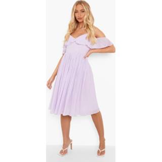 👉 Midi Bruidsmeisjes Jurk Met Uitgesneden Schouders En Ruches, Lilac